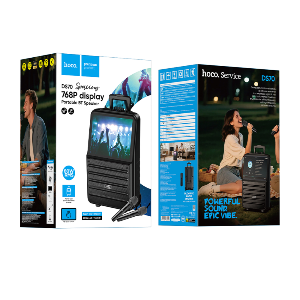 Φορητό Ηχείο Wireless Hoco DS70 Spacious v5.0 60W 7200mAh USB AUX TF Card με 2 Ασύρματα Μικρόφωνα Οθόνη Αφής 14.1" και Android 12