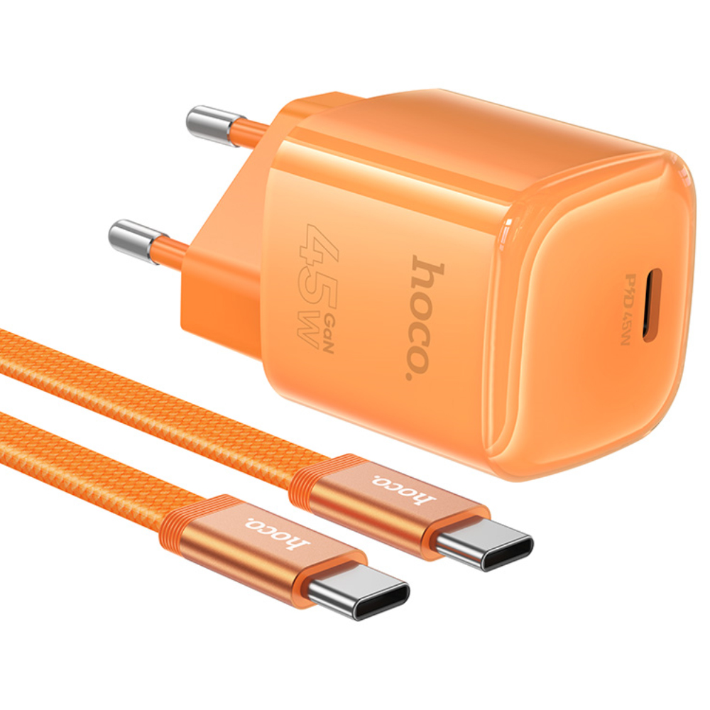 Φορτιστής Ταξιδίου Hoco. DC148 Ridge 1xUSB-C PD45W GaN QC με Καλώδιο USB-C σε USB-C 1.2m Braided Πορτοκαλί