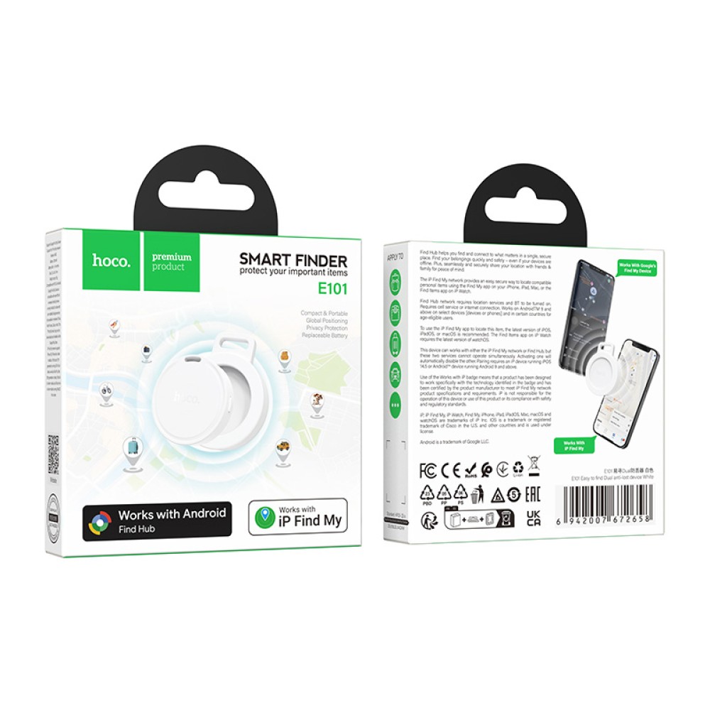 Συσκευή Εντοπισμού Hoco E101 για iOS και Android Συμβατό με Apple Find My Network και Google Find My Device Λευκό