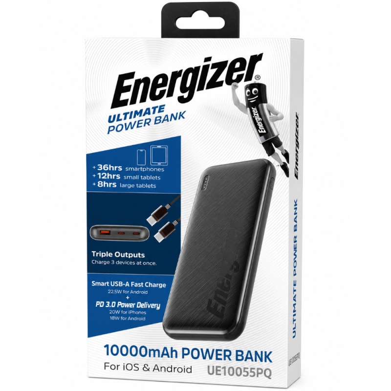 Power Bank Energizer UE10055PQ 10000mAh PD22.5W QC3.0 με 2xUSB-C 1xUSB-A και LED Ένδειξη Μπαταρίας Μαύρο