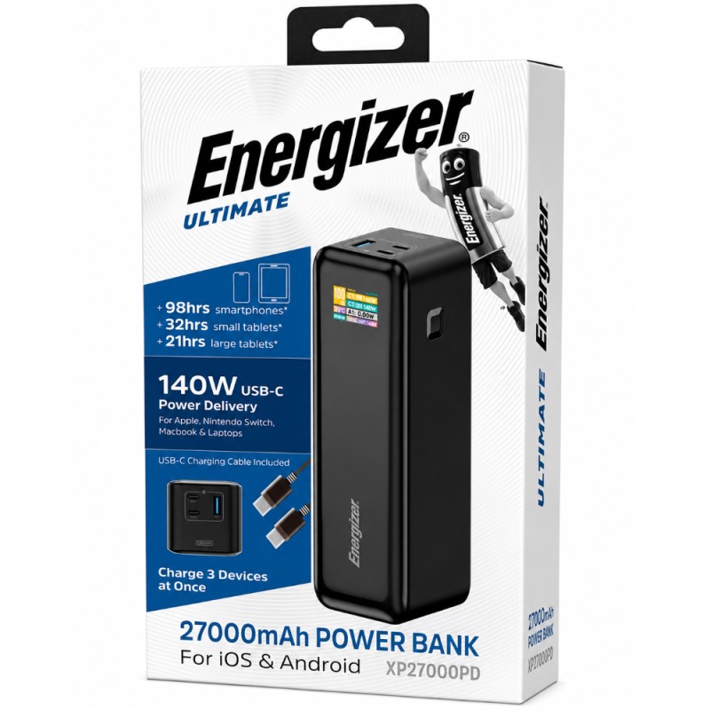 Power Bank Energizer XP27000PD 27000mAh PD140W QC3.1 με 2xUSB-C 1xUSB-A LCD Οθόνη Ιδανικό για Κινητά Λάπτοπ και MacBook Μαύρο