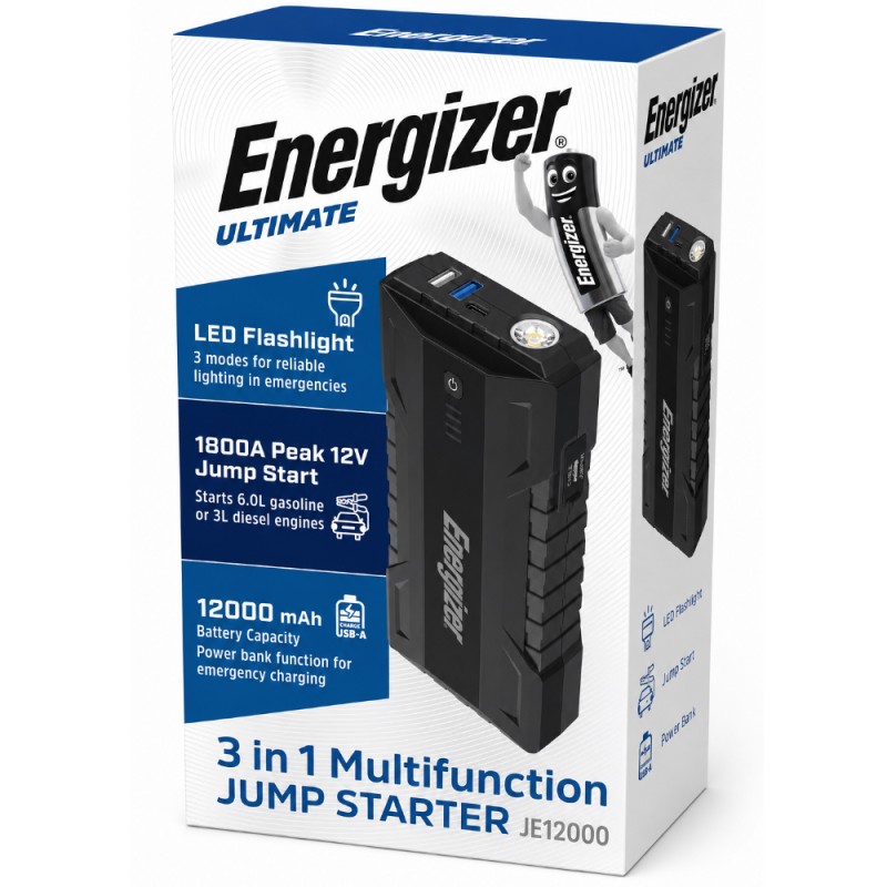 Power Bank Energizer JE12000 12000mAh PD15W QC με 2xUSB-A 1xUSB-C LED Ένδειξη Μπαταρίας και Προσάρτημα Εκκίνησης Αυτοκινήτου 1800A Ασημί