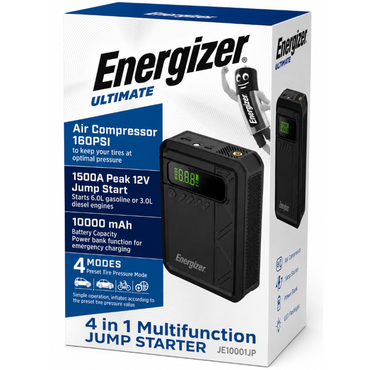 Power Bank Energizer JE10001JP 10000mAh PD15W QC 1xUSB-A 1xUSB-C Προσάρτημα Εκκίνησης Αυτοκινήτου 1500A και Air Pump 11 bar Μαύρο