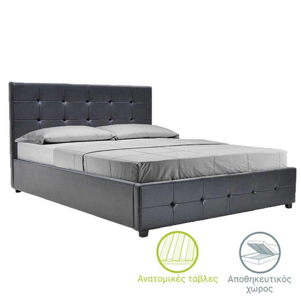 Κρεβάτι Roi pakoworld 160x200 PU μαύρο ματ + αποθηκευτικό χώρο