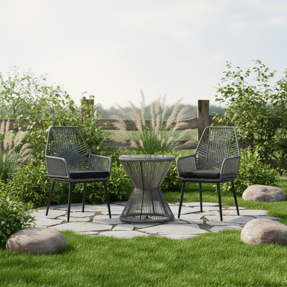 Πολυθρόνα Tanish pakoworld pe rattan σε γκρι απόχρωση με μαύρα μεταλλικά πόδια 58x58.5x87εκ