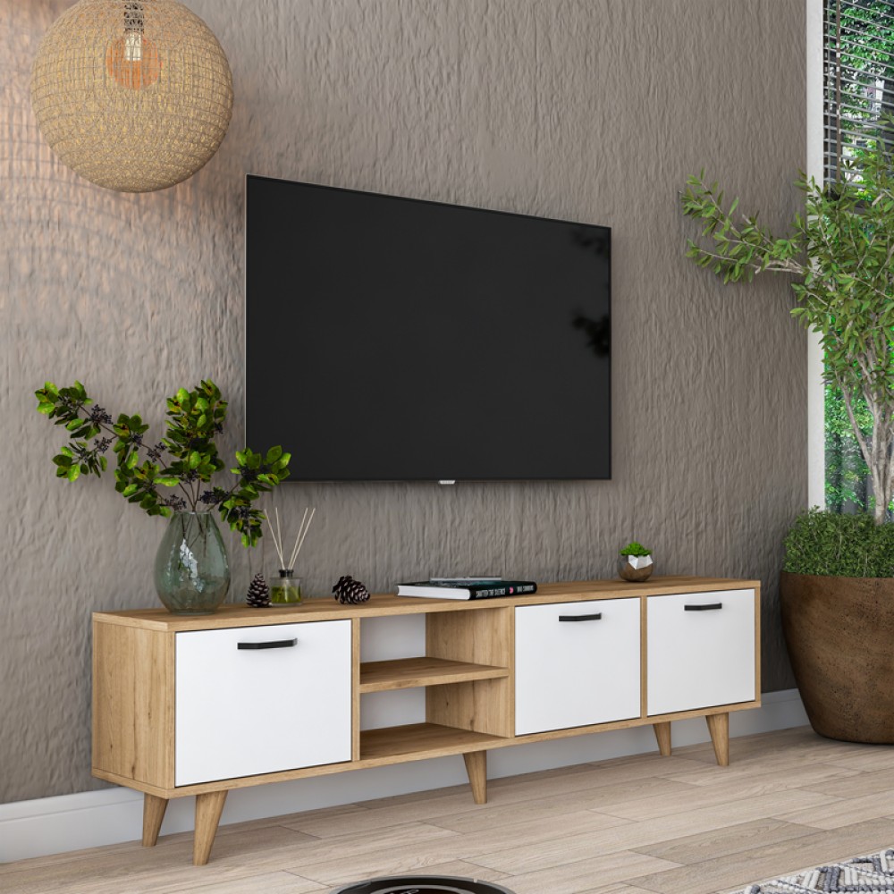 Έπιπλο τηλεόρασης Sercio pakoworld λευκό-καρυδί μελαμίνη-πόδι φυσικό χρώμα ξύλο180x29.7x48.6εκ