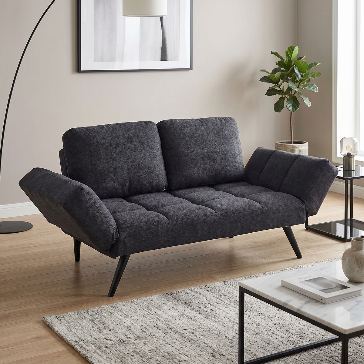 Καναπές - κρεβάτι 3θέσιος Jackie pakoworld ύφασμα ανθρακί-μέταλλο μαύρο 190x80x74εκ