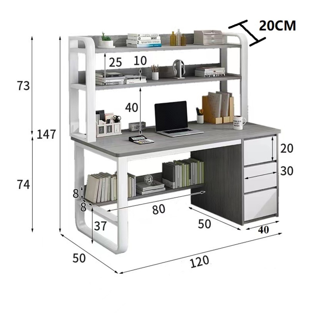 Γραφείο Soco pakoworld με ραφιέρα-MDF γκρι-λευκό 120x50x147εκ