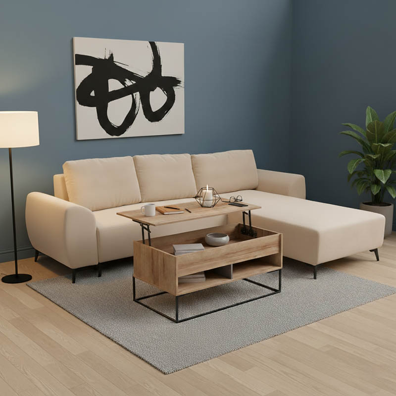 Kαναπές κρεβάτι τριθέσιος αναστρέψιμος Settee pakoworld ύφασμα με αποθηκευτικό χώρο σε μπεζ απόχρωση 286x204x93εκ