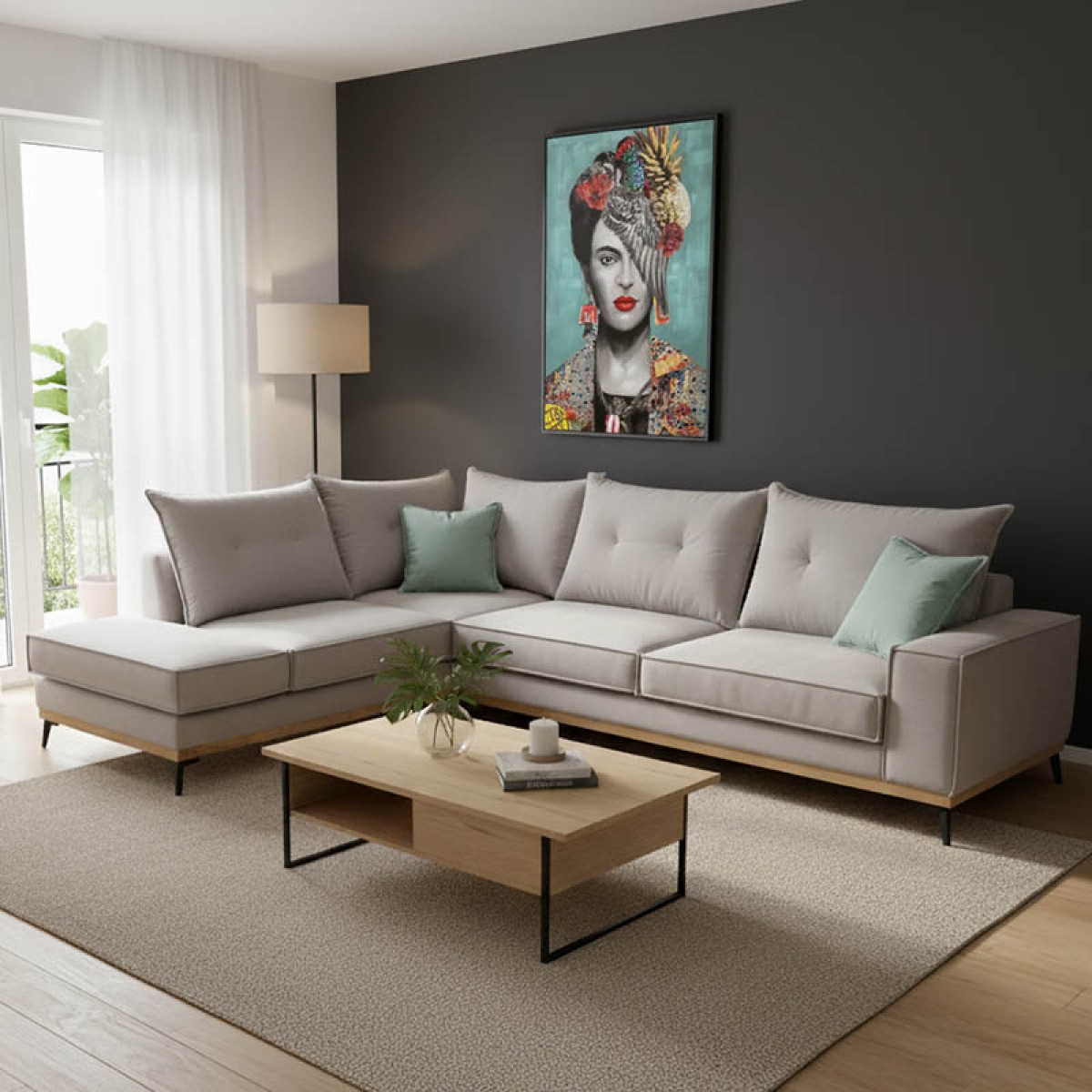 Γωνιακός καναπές δεξιά γωνία Luxury II pakoworld ύφασμα elephant-ciel 290x235x95εκ