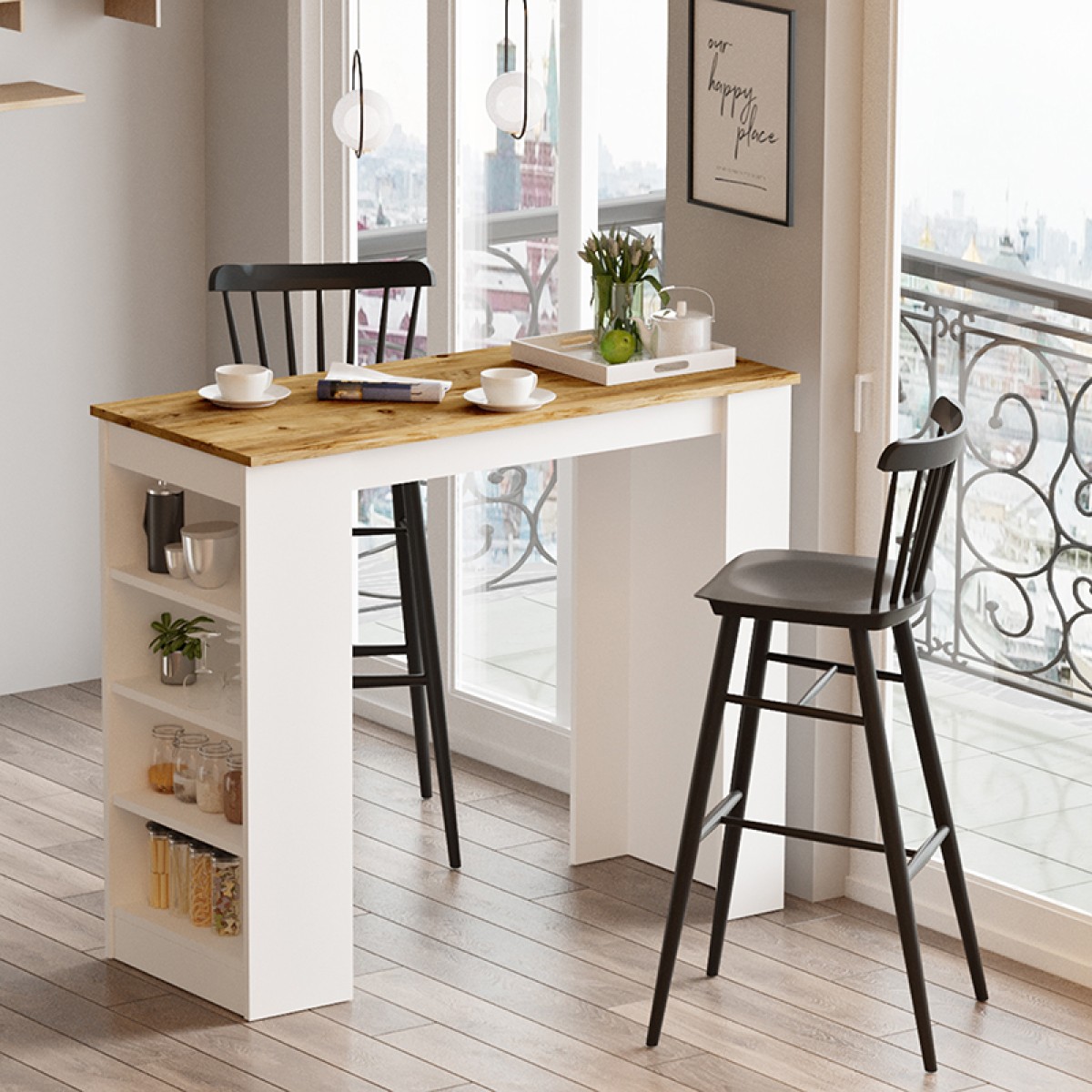 Τραπέζι μπαρ Riff pakoworld λευκό-oak 120x51.5x101.5εκ