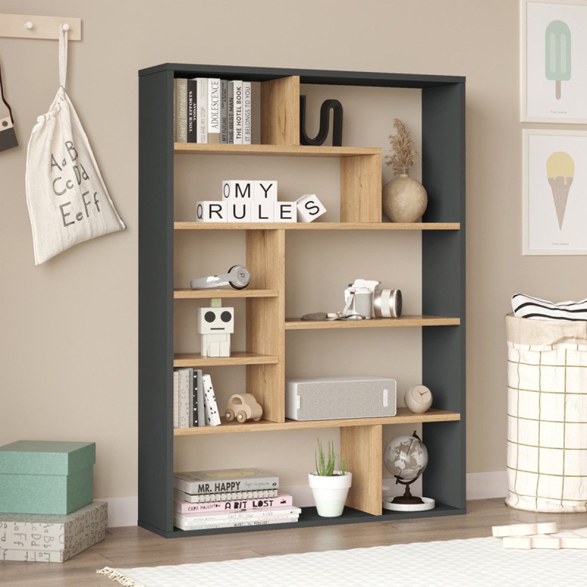 Βιβλιοθήκη Decora pakoworld σε φυσική-ανθρακί απόχρωση 90x22x123.6εκ