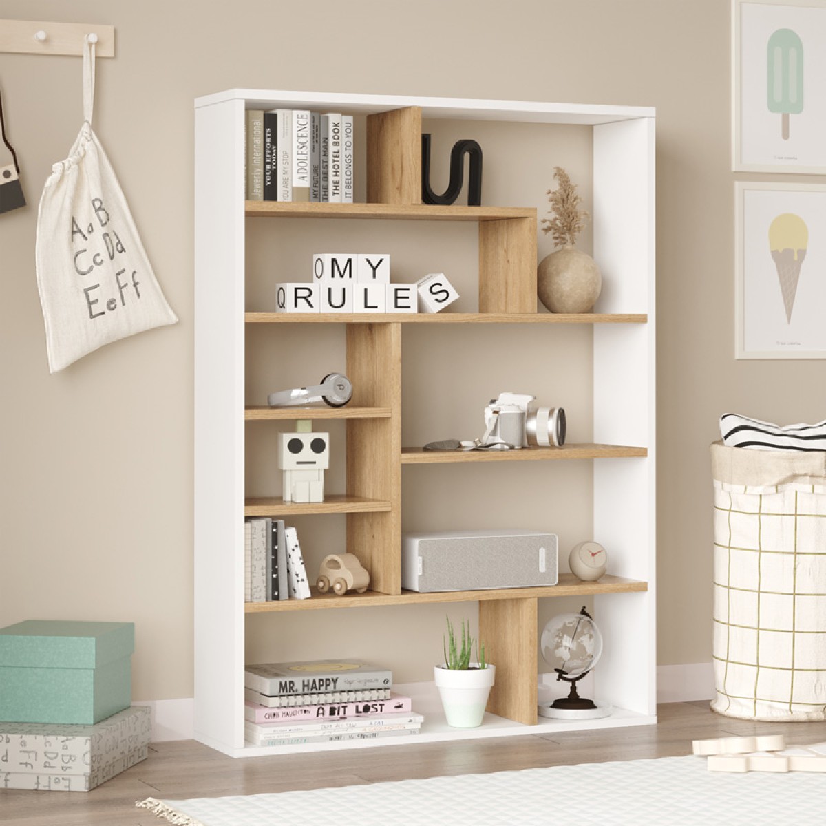 Βιβλιοθήκη Decora pakoworld σε oak-λευκό απόχρωση 90x22x123.6εκ
