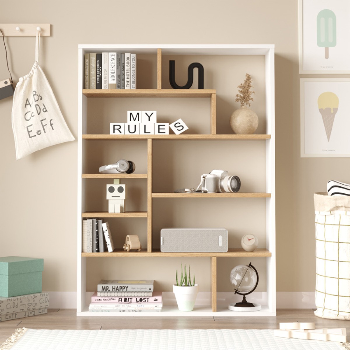 Βιβλιοθήκη Decora pakoworld σε oak-λευκό απόχρωση 90x22x123.6εκ