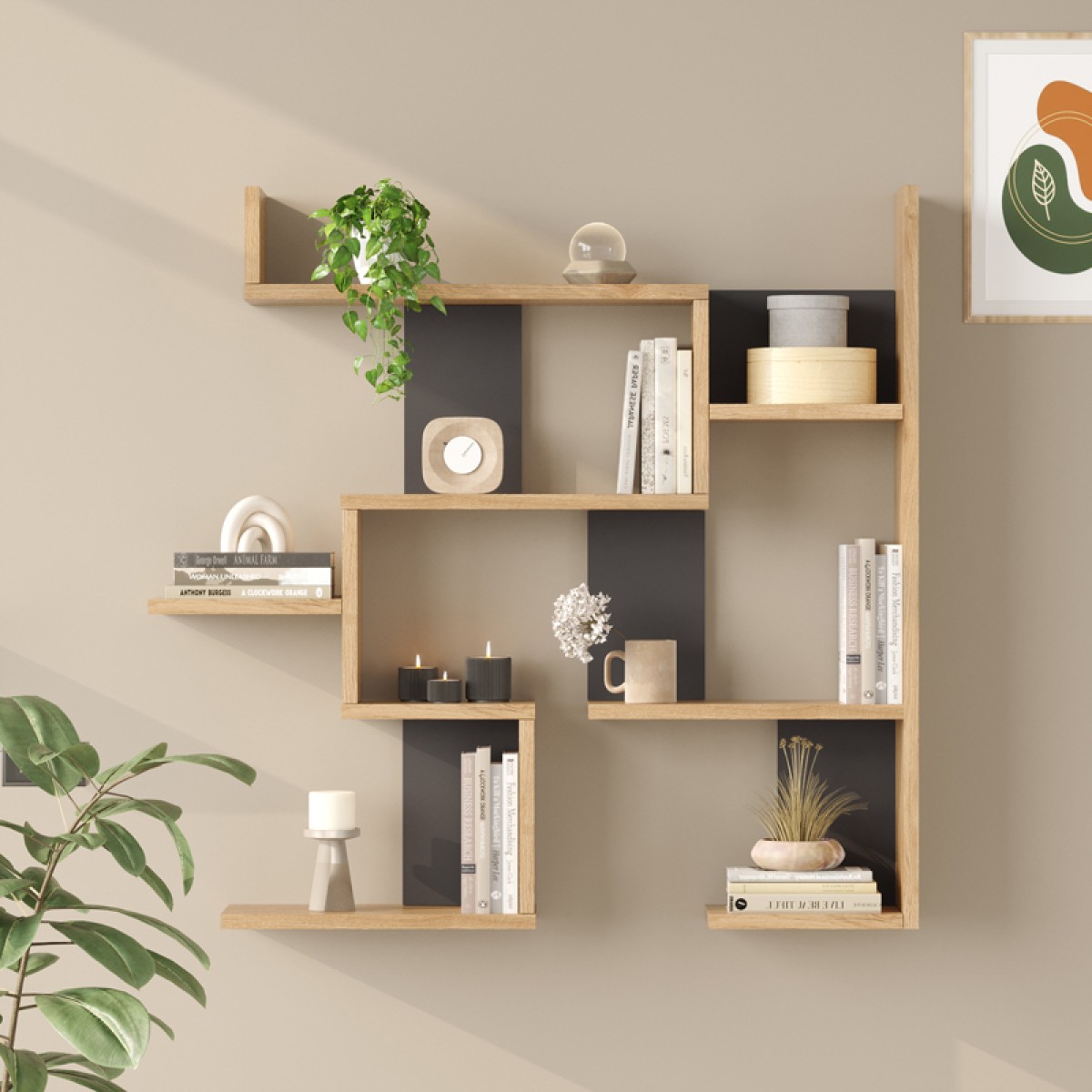 Ραφιέρα τοίχου Maze pakoworld oak με ανθρακί 93,3x14,5x90εκ