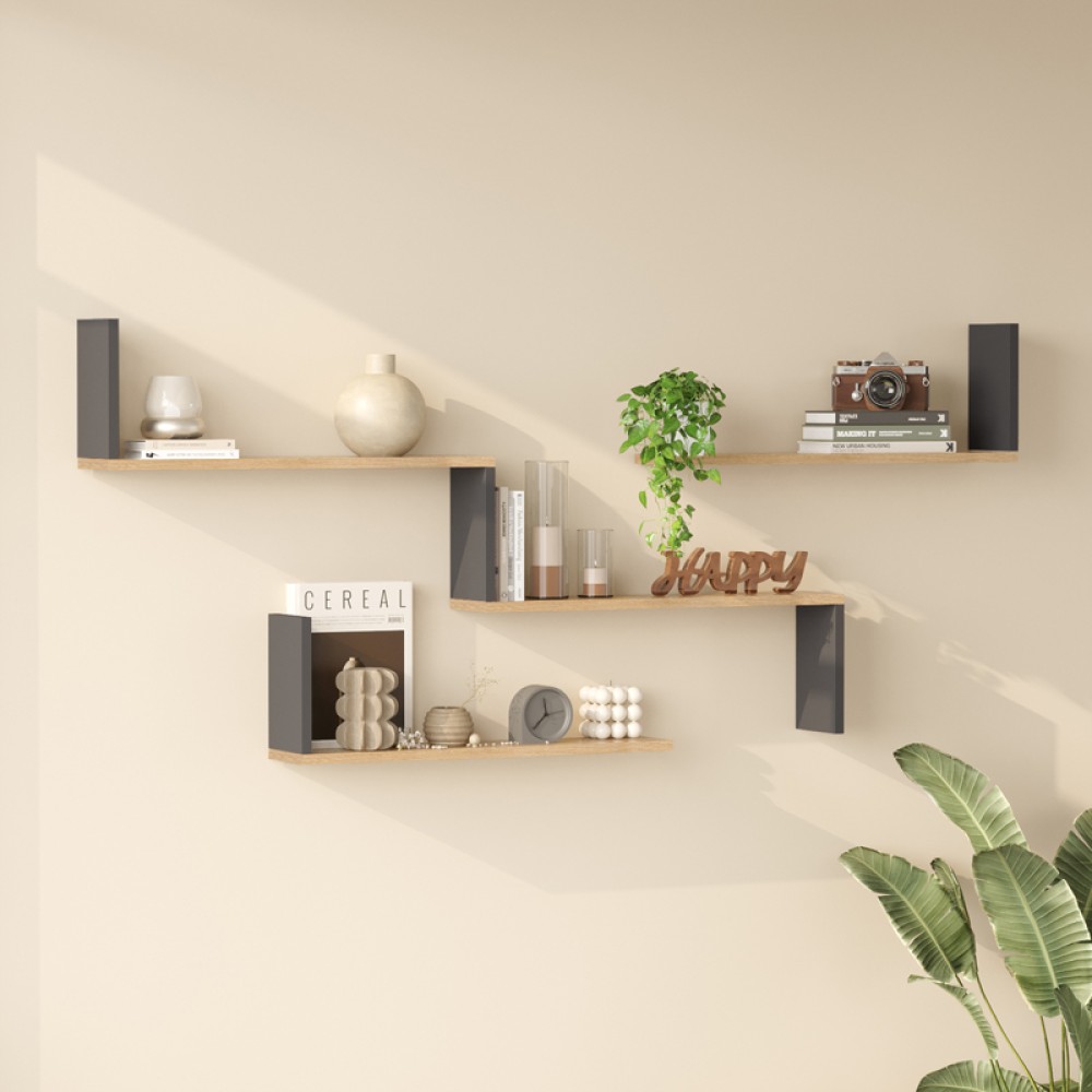 Ραφιέρα τοίχου Flear pakoworld oak με ανθρακί 179x14,5x76,2εκ