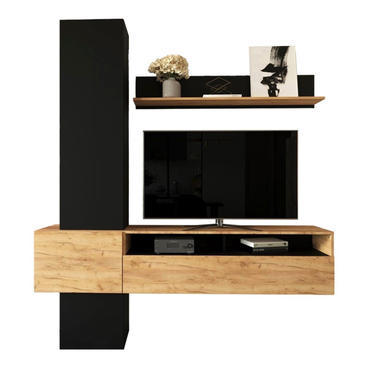 Σύνθετο σαλονιού Wendy pakoworld σε oak-μαύρη απόχρωση 195.1x37.3x219.1εκ