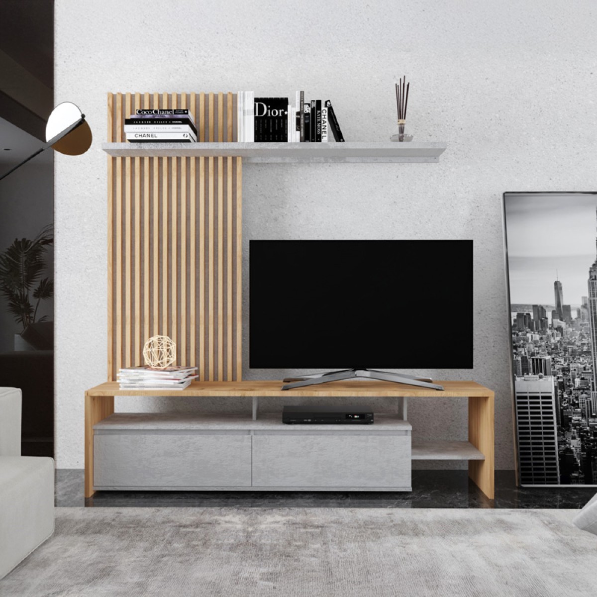 Σύνθετο σαλονιού Neo pakoworld σε oak-γκρι απόχρωση 190x40x200εκ