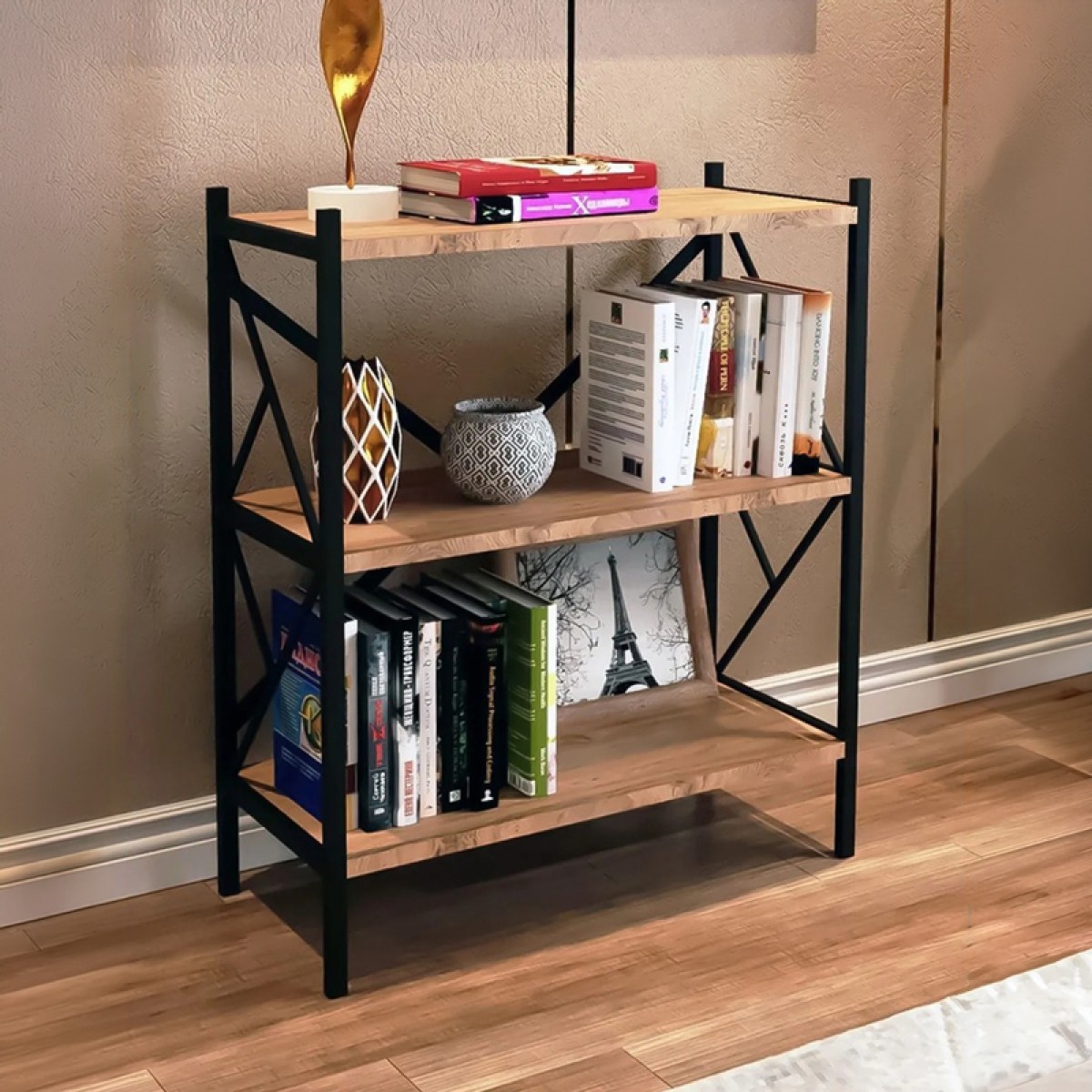 Ραφιέρα επιδαπέδια Althea pakoworld oak με μαύρο μέταλλο 60x30x90εκ