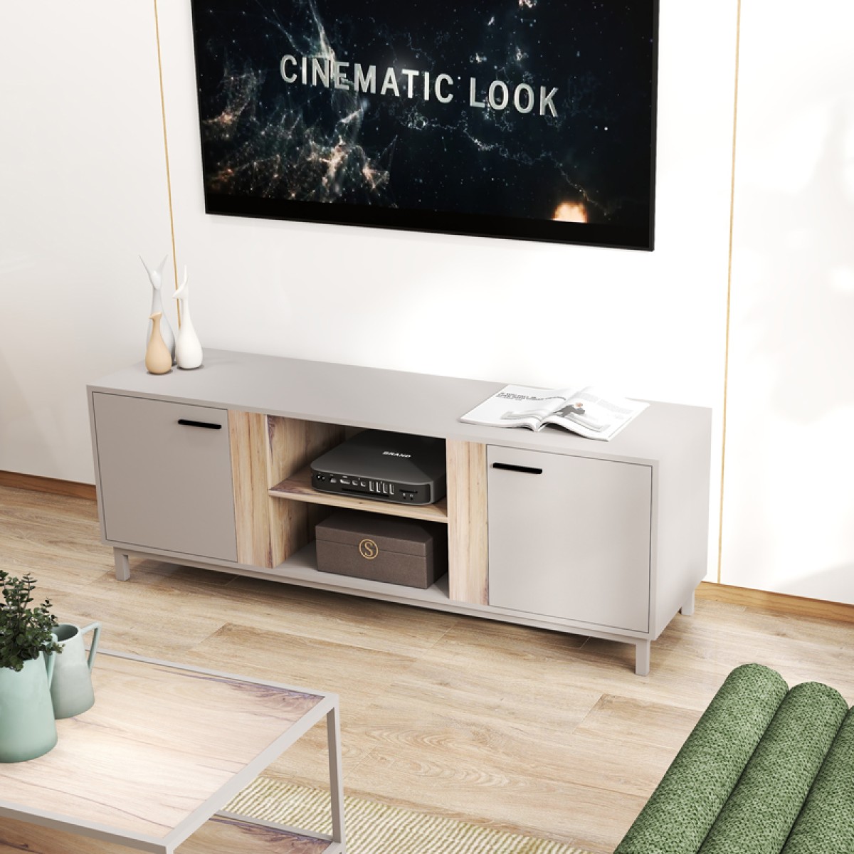 Έπιπλο τηλεόρασης Polenio pakoworld taupe με φυσικό 150x40x53εκ
