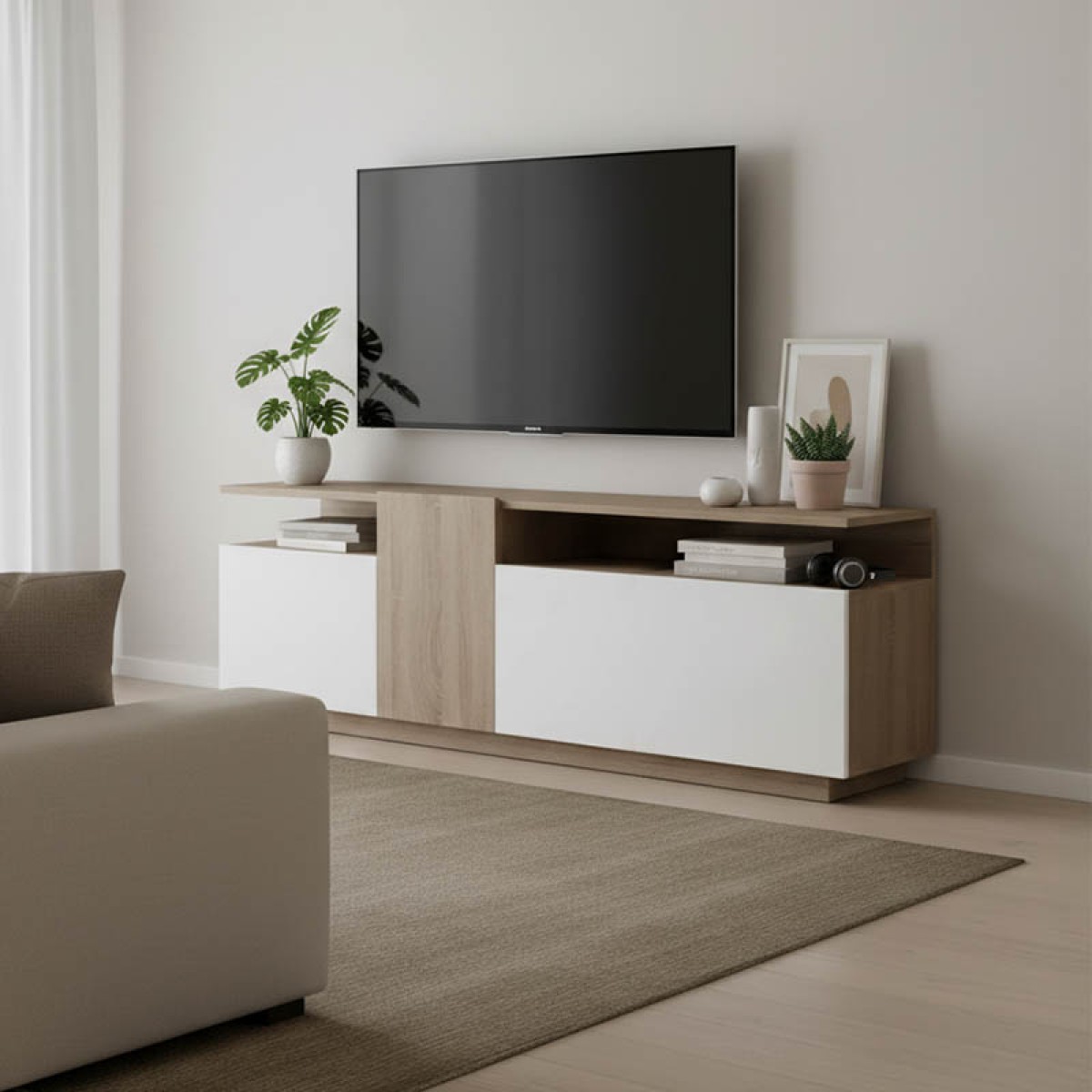 Έπιπλο τηλεόρασης Vendora pakoworld σε sonoma-λευκή απόχρωση 150x29.5x46.3εκ