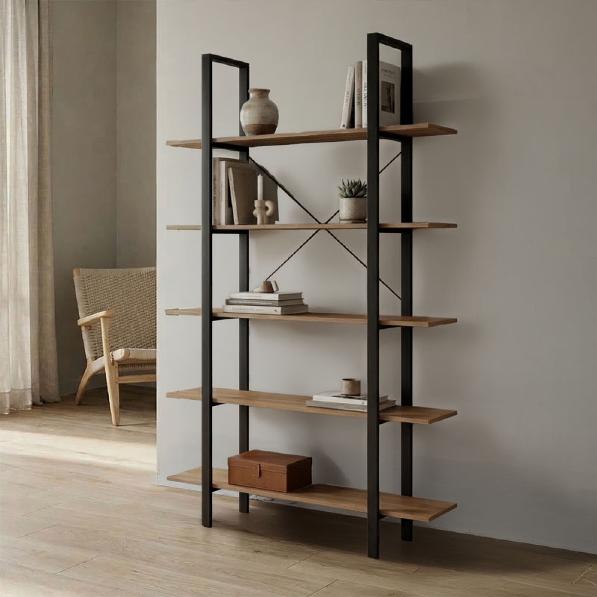 Βιβλιοθήκη-Ραφιέρα Loftie pakoworld sonoma-μαύρο μέταλλο 126x28x165εκ