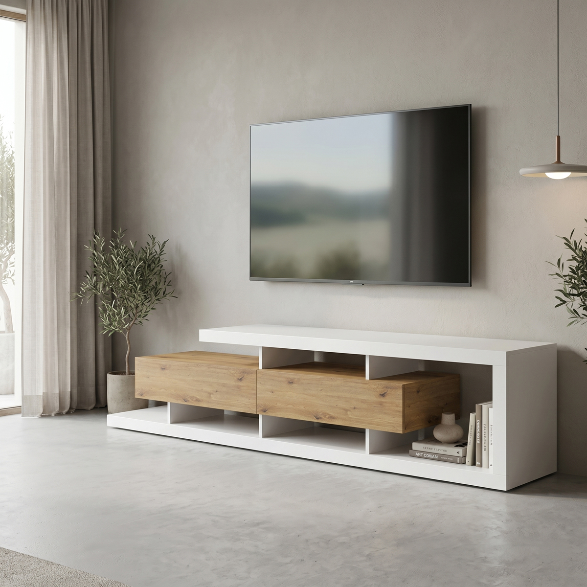 Έπιπλο τηλεόρασης Arbero pakoworld λευκό-oak 198x40x45εκ