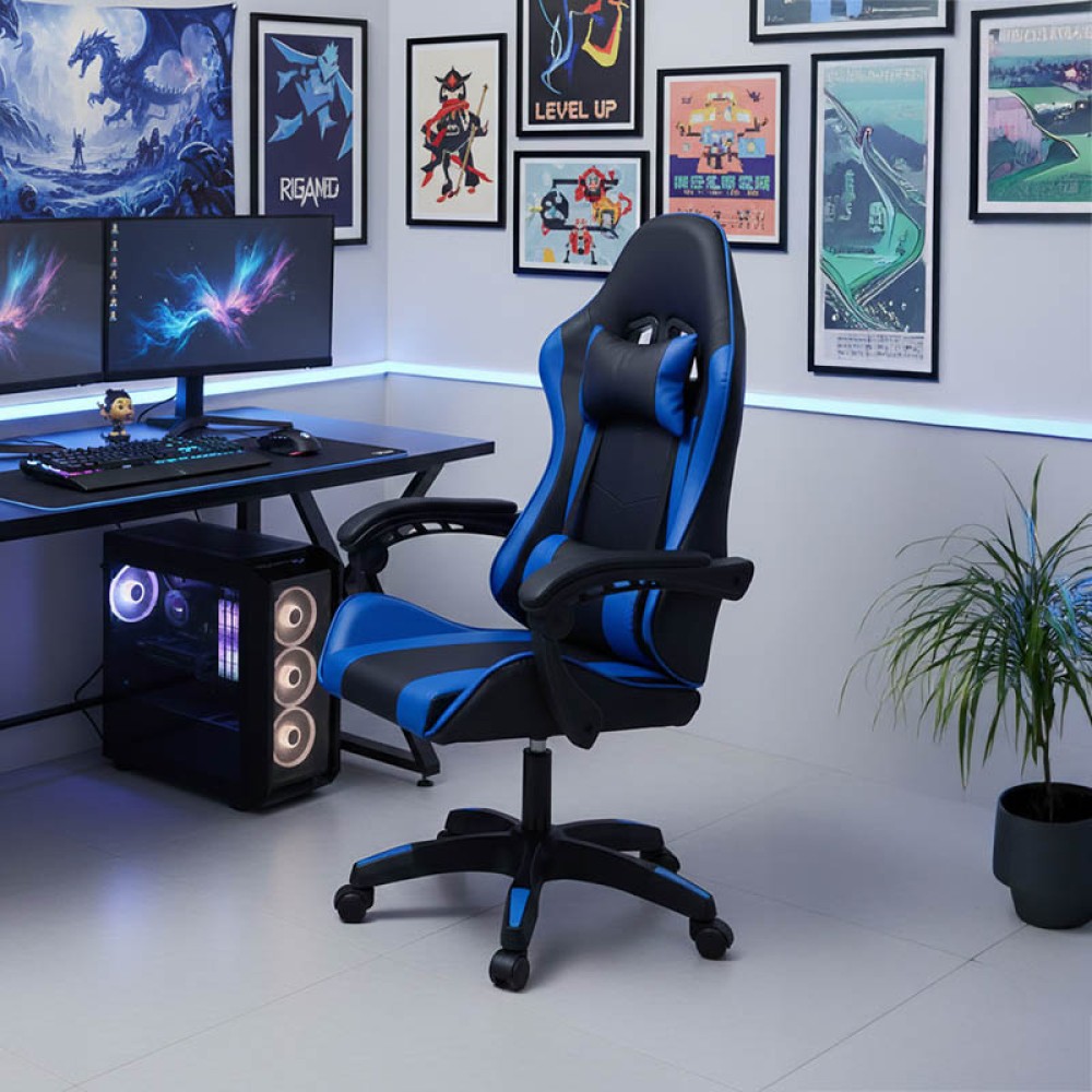 Καρέκλα γραφείου gaming William pakoworld PU μαύρο-μπλε