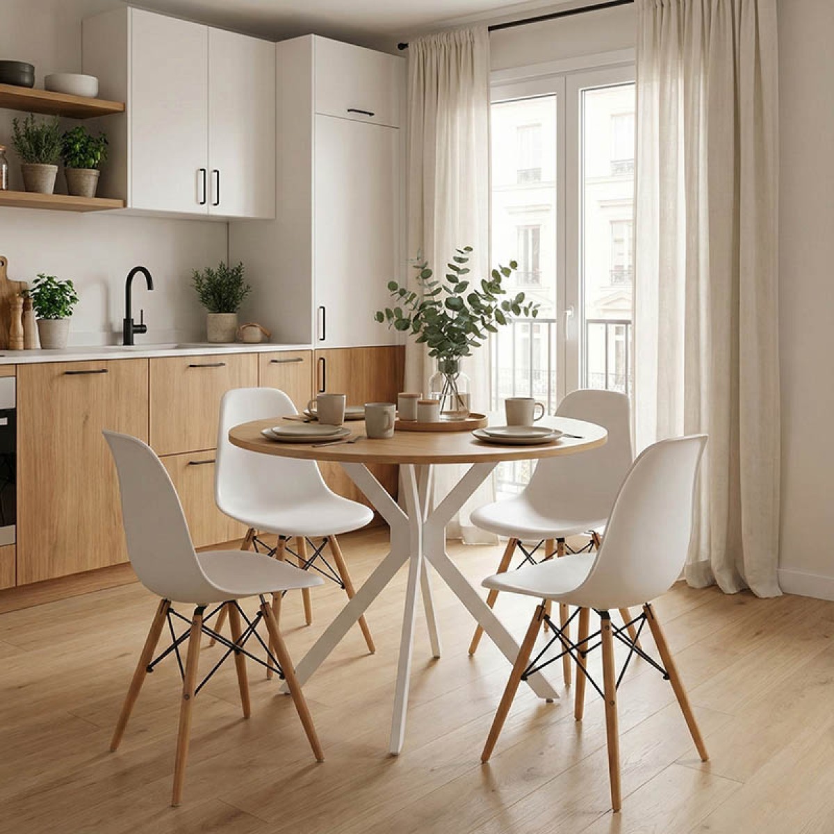 Τραπέζι Xuson pakoworld φυσικό mdf-πόδι λευκό μέταλλο Φ80x75εκ