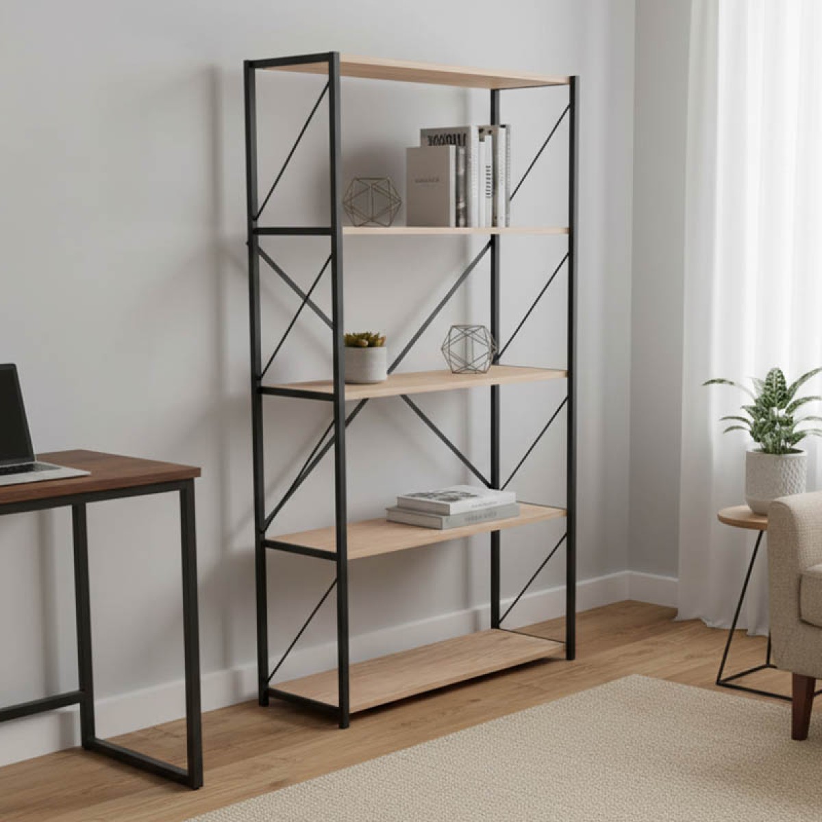 Βιβλιοθήκη Tikilmo pakoworld oak μελαμίνης-μαύρο μέταλλο 88x34x180εκ