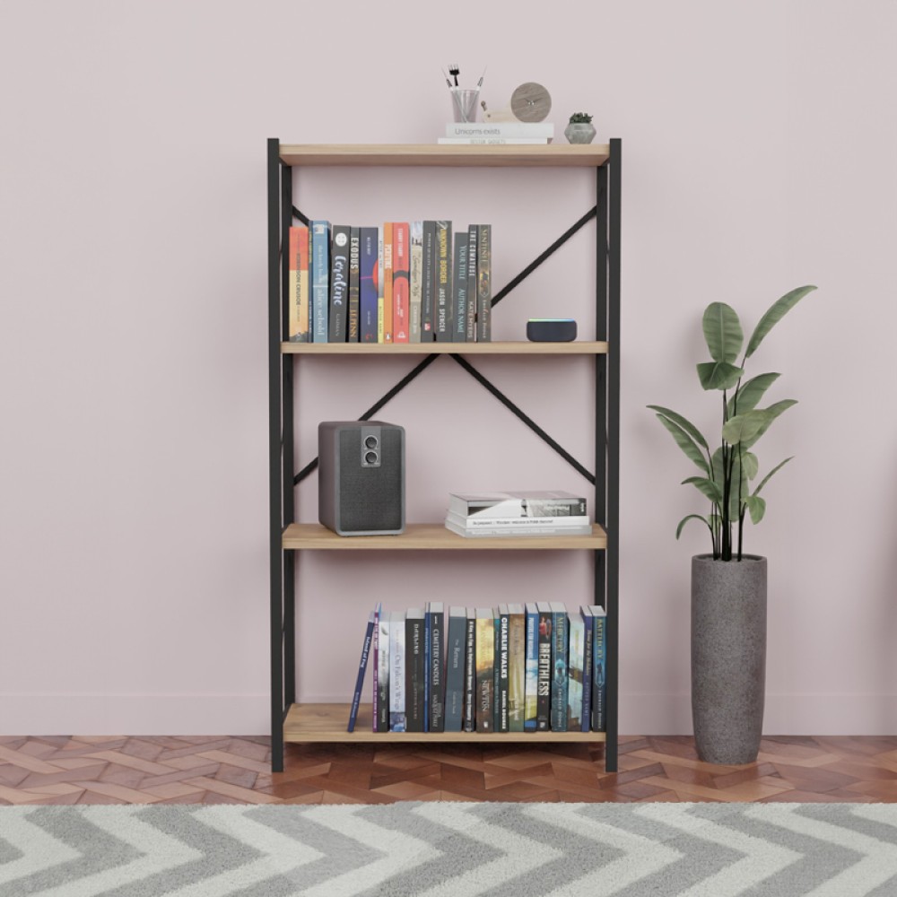 Βιβλιοθήκη Jackrey pakoworld oak μελαμίνης-μαύρο μέταλλο 63x30x114εκ