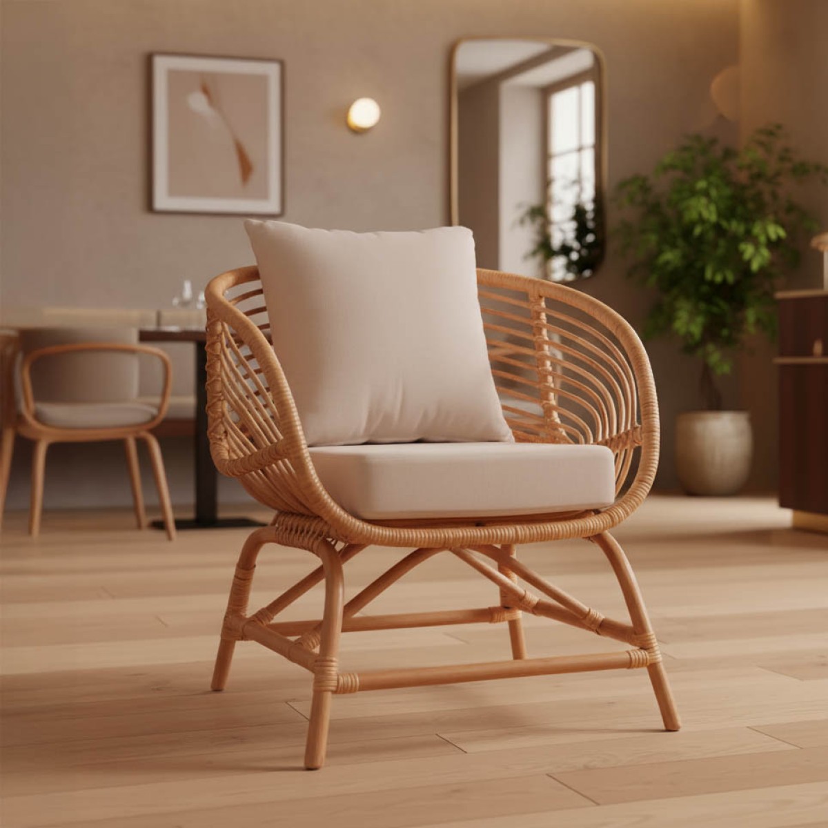 Πολυθρόνα Caxen pakoworld φυσικό rattan-λευκό μαξιλάρι 72x63x75εκ