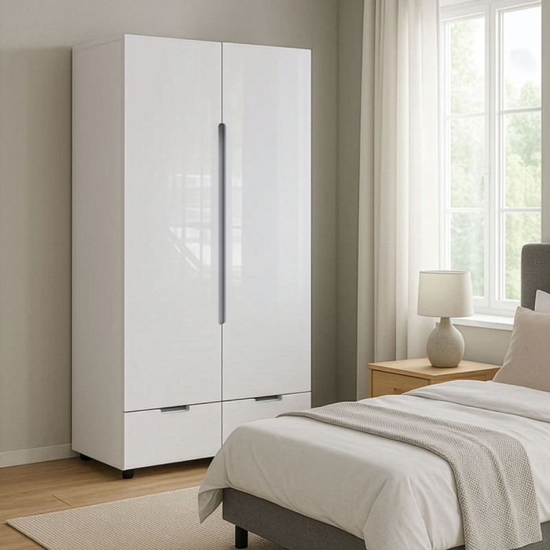 Ντουλάπα δίφυλλη Afina pakoworld mdf σε λευκή glossy απόχρωση 100x57x213εκ