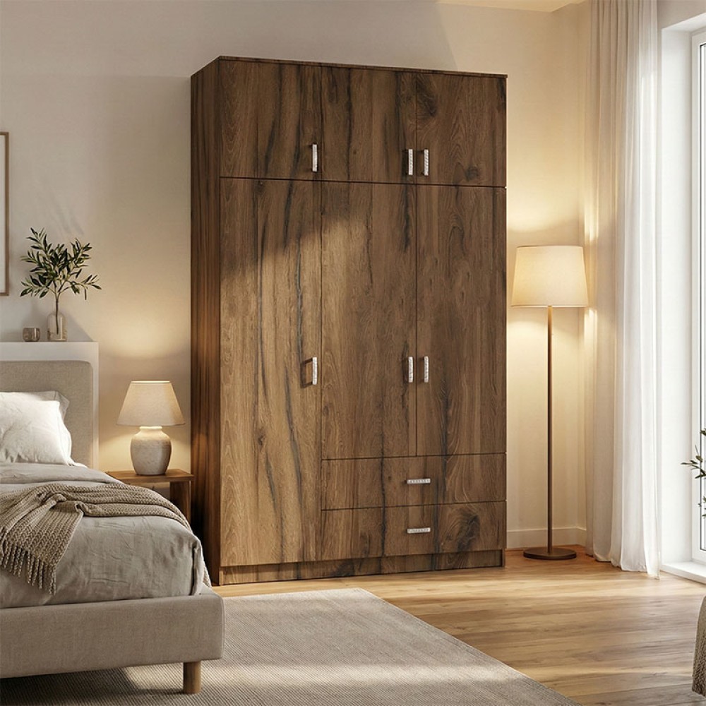 Ντουλάπα τρίφυλλη με συρτάρια Royal pakoworld καρυδι-oak 150x58x230εκ