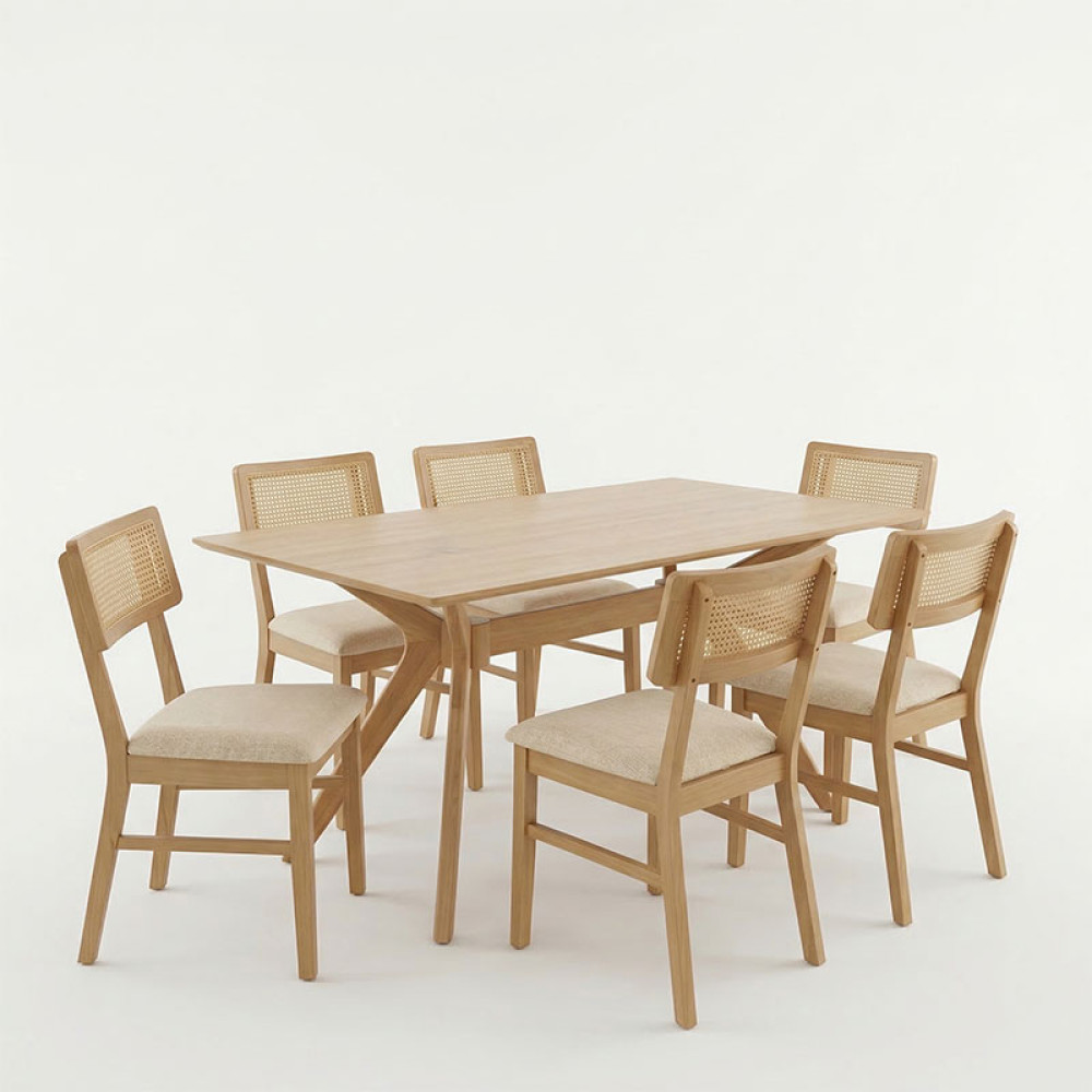 Τραπεζαρία Raffles pakoworld σετ 7τεμ rubberwood με pe rattanσε φυσική απόχρωση 150x90x76εκ
