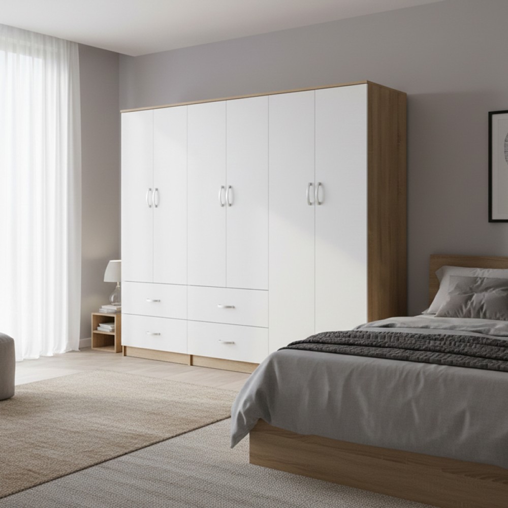 Ντουλάπα εξάφυλλη Athos pakoworld sonoma-λευκή 240x42x180εκ