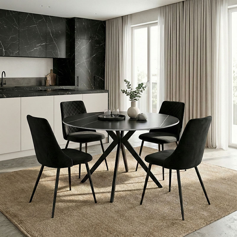 Τραπέζι Orbital pakoworld sintered stone μαύρη όψη μαρμάρου με μαύρα μεταλλικά πόδια Φ120x76εκ