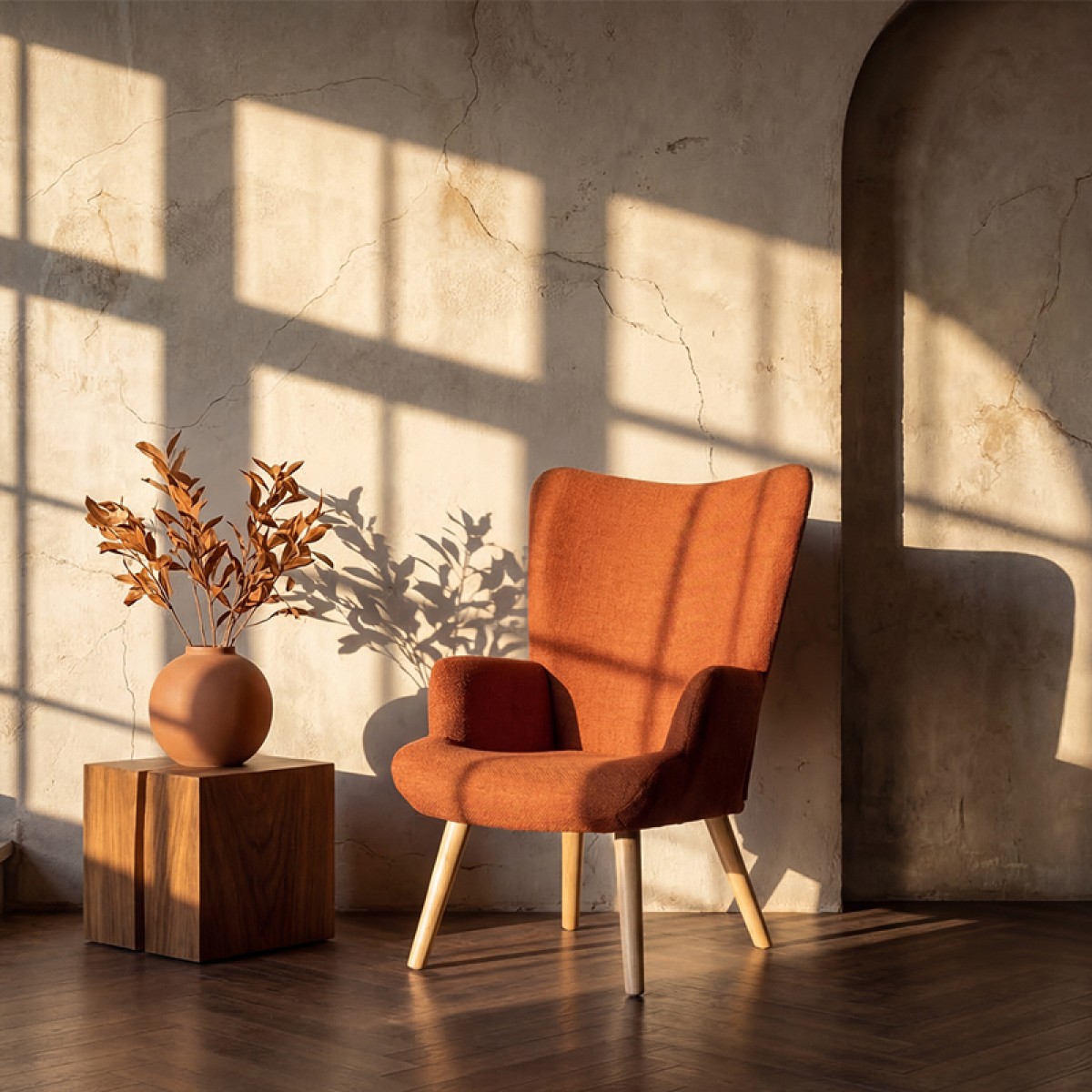 Πολυθρόνα-μπερζέρα Gerlina pakoworld terracotta ύφασμα με πόδι σε φυσική απόχρωση 71x64x94εκ