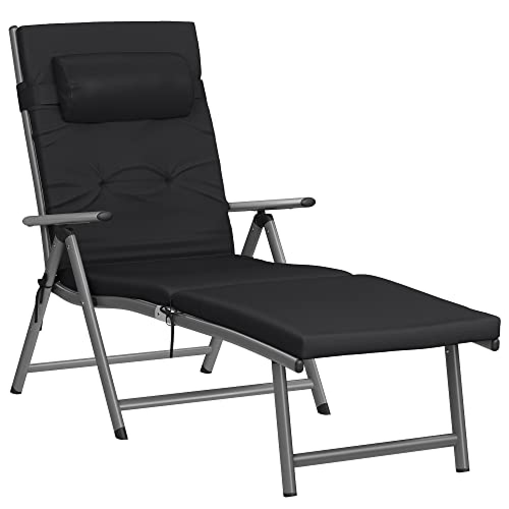 SONGMICS Foldable Sun Lounger, Sunbed with 6 cm Mattress, Removable Headrest, Rustproof Aluminium, Breathable, Comfortable, Reclinable, Max. Load Capacity 150 kg, Black GCB24BK