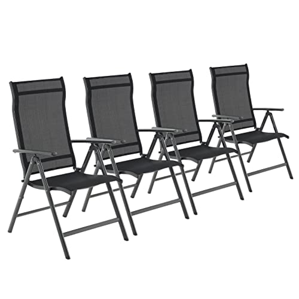 SONGMICS Set of 4 Folding Garden Chairs, Outdoor Chairs with Durable Aluminum Structure, 8-Angle Reclining Backrest, Max. Capacity 120 kg, Black GCB30BK
