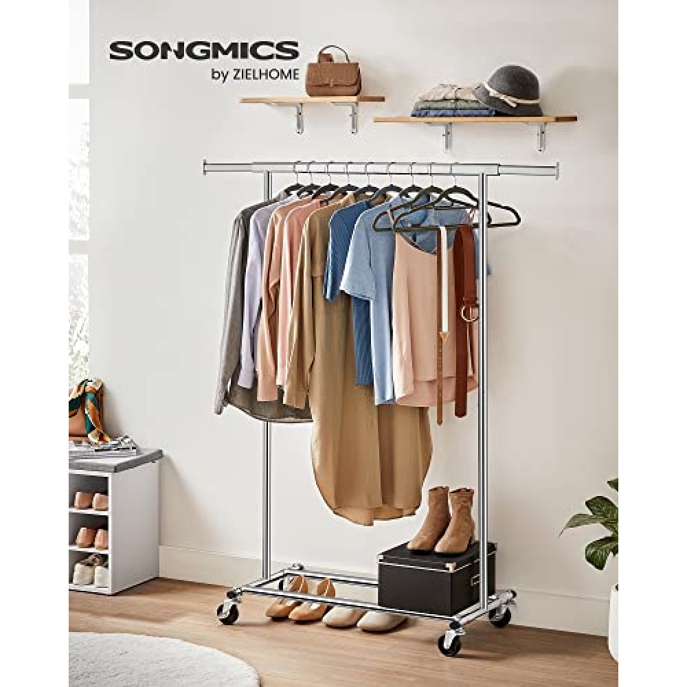 SONGMICS Clothes Rack on Wheels, Heavy Duty Clothes Rail, with Extendable Hanging Rail, 90 kg Load Capacity, Easy Assembly, Portable, Silver HSR13S