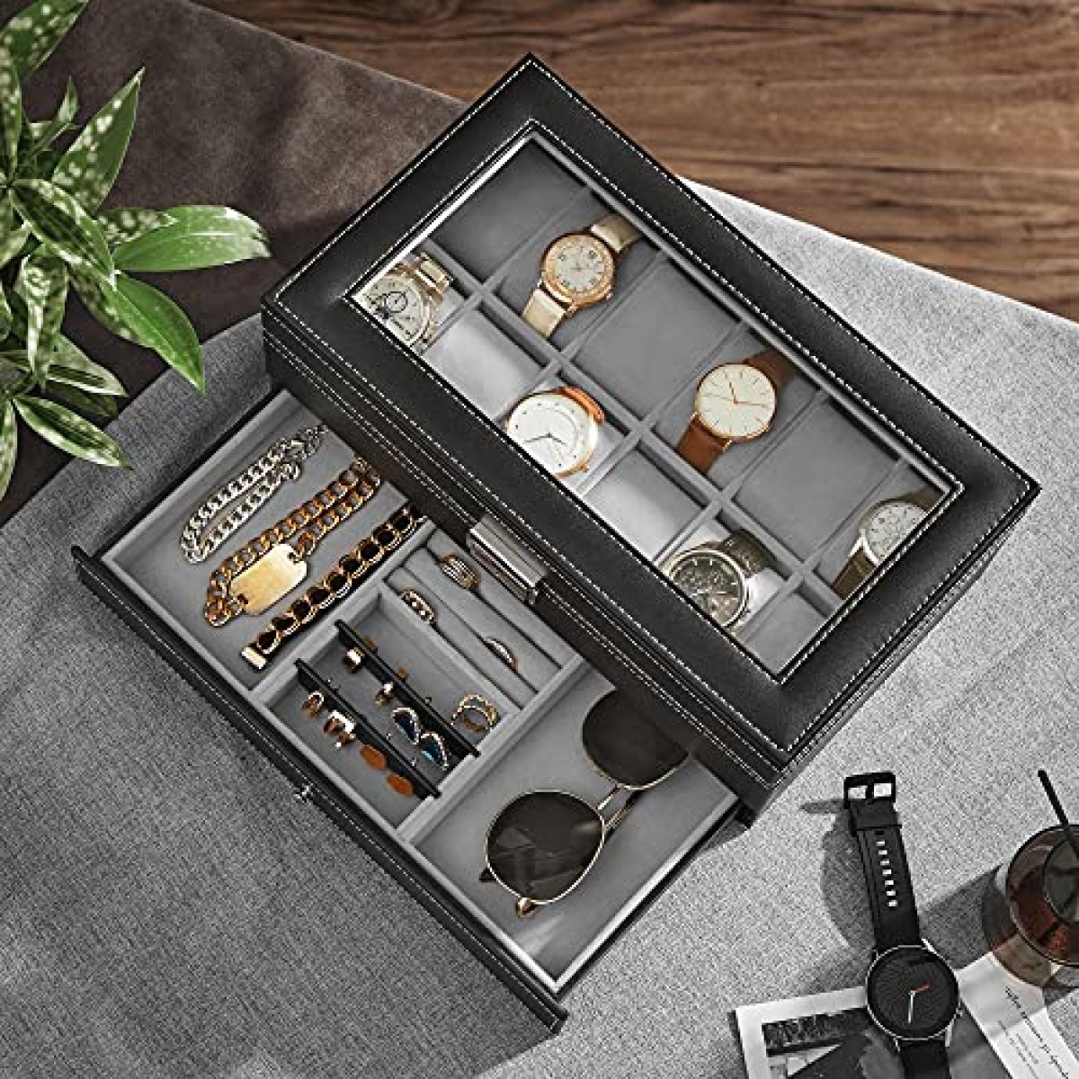 SONGMICS Watch Box, Watch Case with Glass Lid, 2-Tier Watch Display Case for 12 Watches, Lockable, 1 Drawer, for Rings, Bracelets, Gift Idea, Black Synthetic Leather, Grey Lining JWB012G01