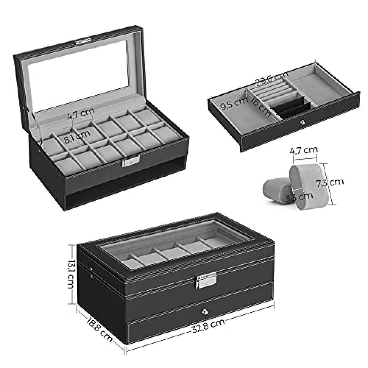 SONGMICS Watch Box, Watch Case with Glass Lid, 2-Tier Watch Display Case for 12 Watches, Lockable, 1 Drawer, for Rings, Bracelets, Gift Idea, Black Synthetic Leather, Grey Lining JWB012G01
