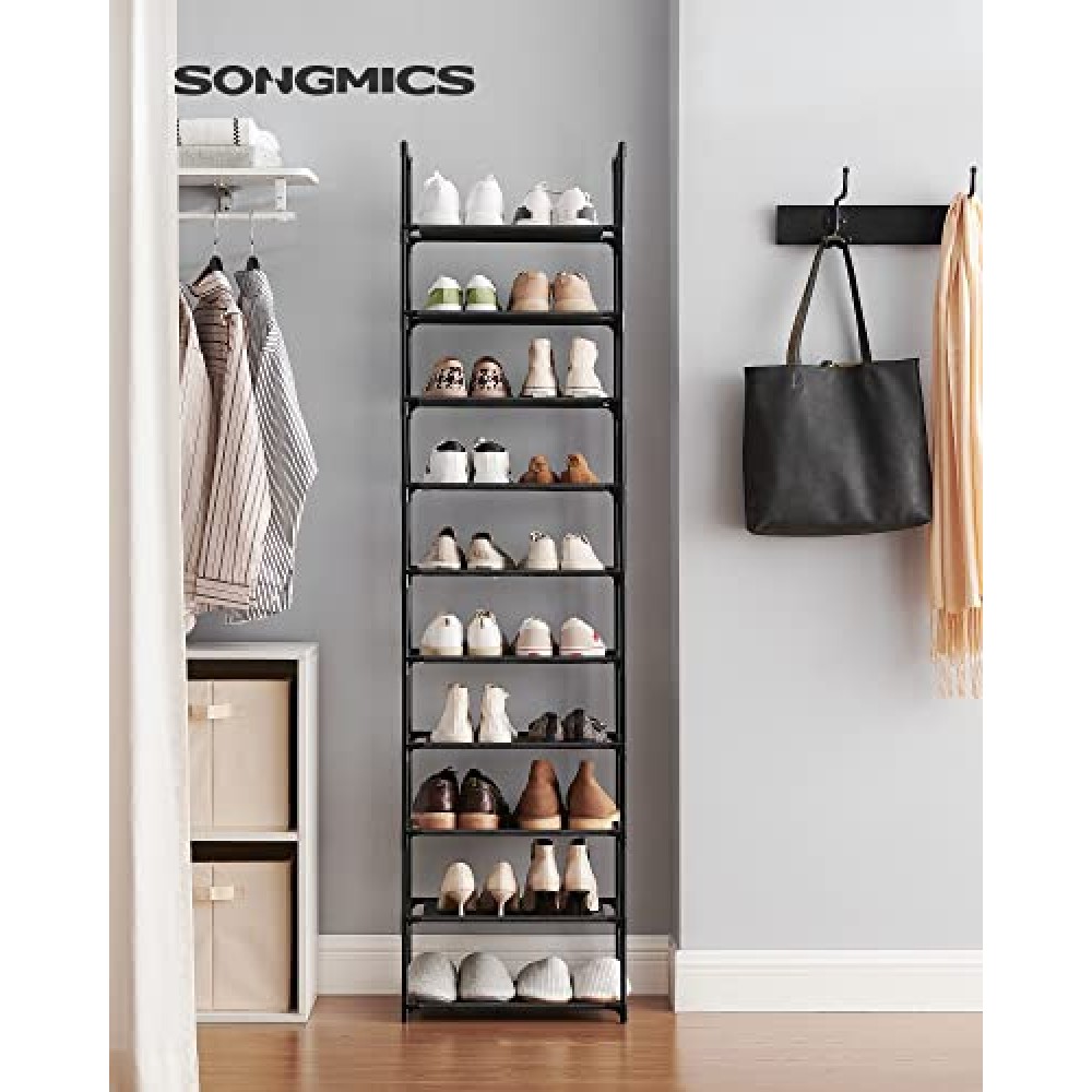 SONGMICS 10-Tier Shoe Rack, Shoe Stand, Space-Saving Shoe Storage, 45 x 28 x 173 cm, Metal Frame, Non-Woven Fabric Shelves, for Hallway, Bedroom, Black LSH010B02