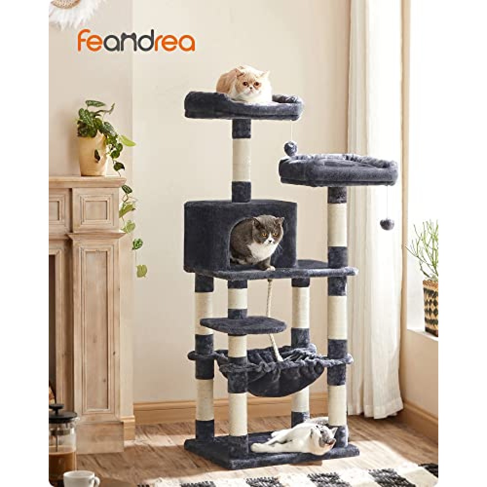 FEANDREA Cat Tree, Stable Cat Tower, 2 Plush Perches, 143cm, Smoky Grey PCT15GYZ