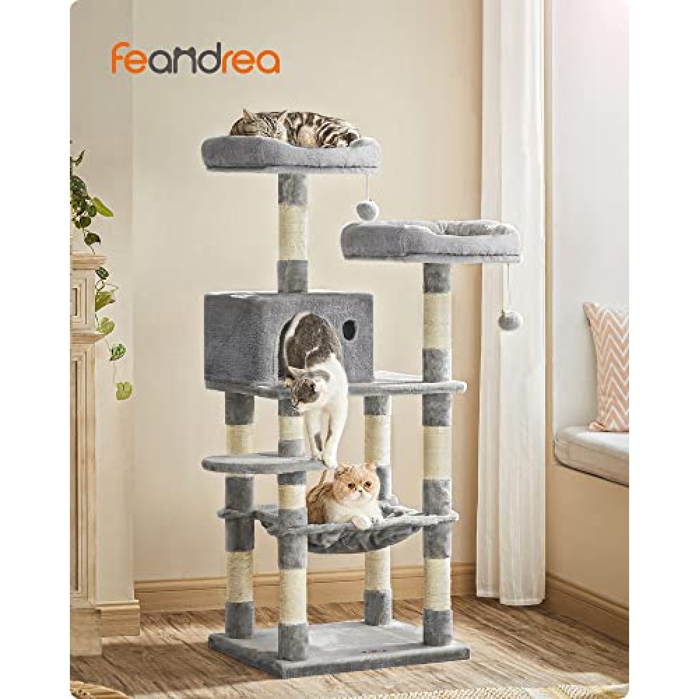 FEANDREA Cat Tree, Stable Cat Tower, 2 Plush Perches, 143cm, Light Grey PCT15W