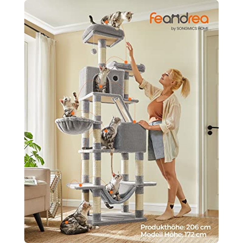 FEANDREA Cat Tree, 206 cm Large Cat Tower with 13 Scratching Posts, 1 Scratching Ramp, 2 Perches, 2 Caves, Basket, Hammock, Pompoms, Multi-Level Plush Cat Condo for Indoor Cats, Light Grey