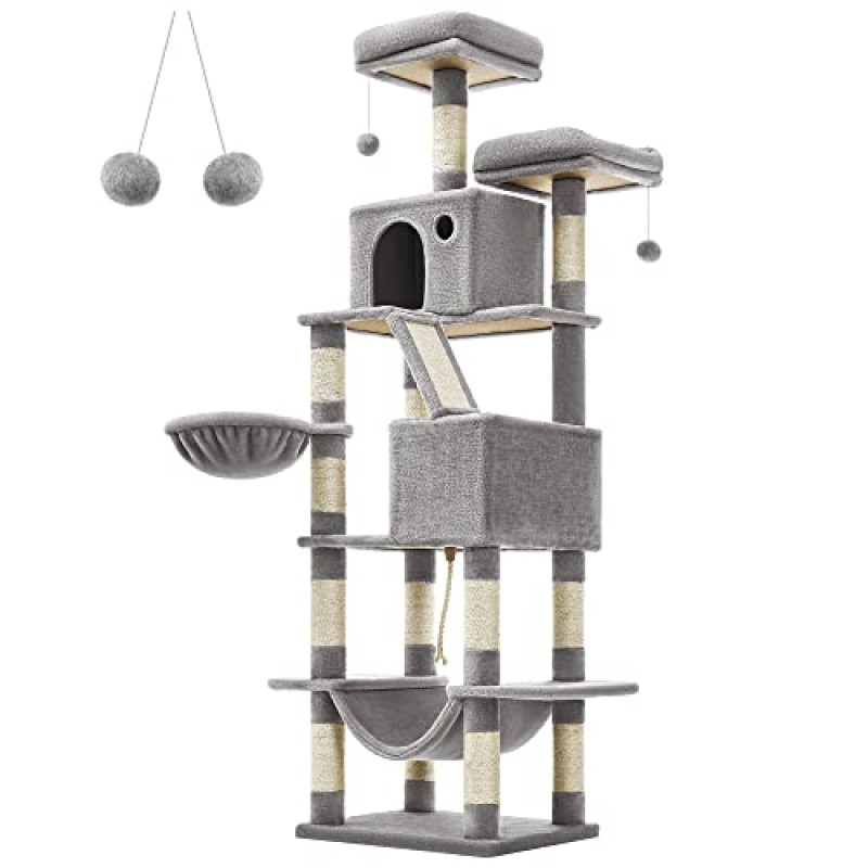 FEANDREA Cat Tree, 206 cm Large Cat Tower with 13 Scratching Posts, 1 Scratching Ramp, 2 Perches, 2 Caves, Basket, Hammock, Pompoms, Multi-Level Plush Cat Condo for Indoor Cats, Light Grey