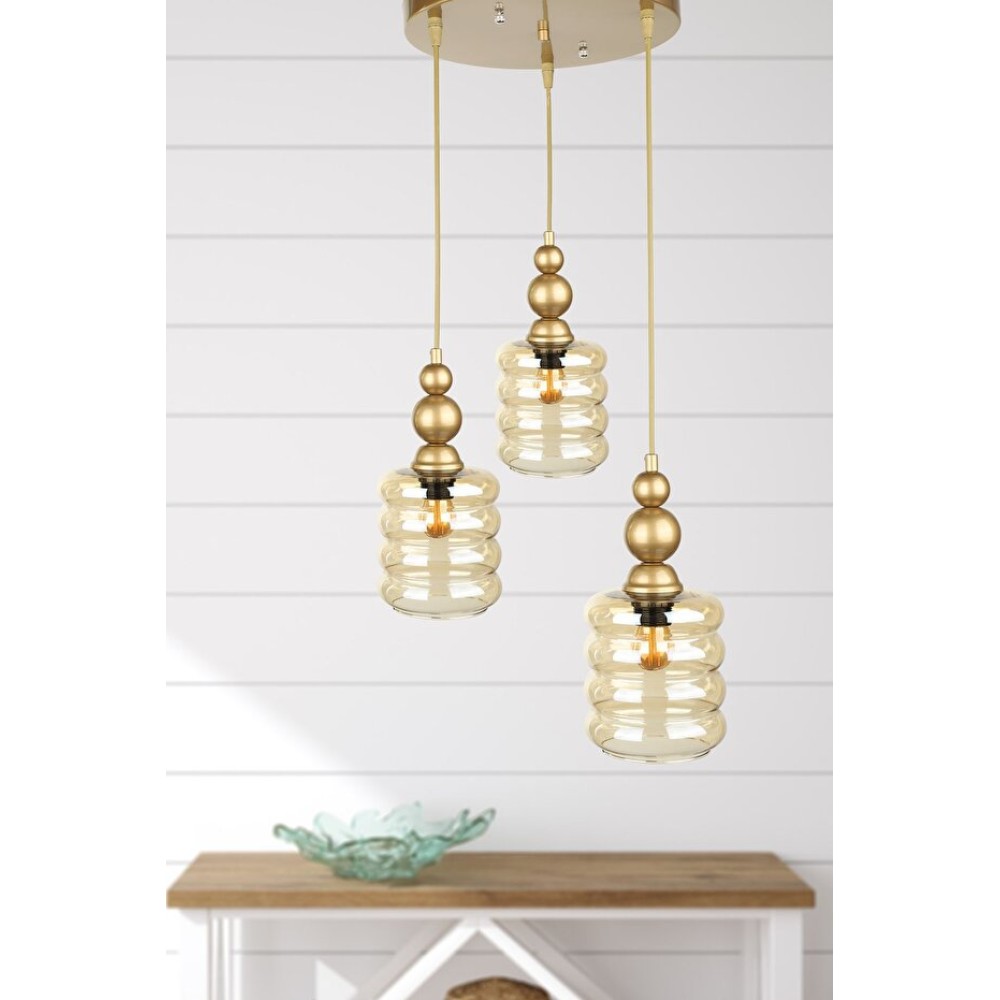 Stewehome Τρίφωτο Κρεμαστό Φωτιστικό Οροφής Lecce με Παλαίωση &amp; Γυάλινα Καλύμματα - 85 x 35 cm