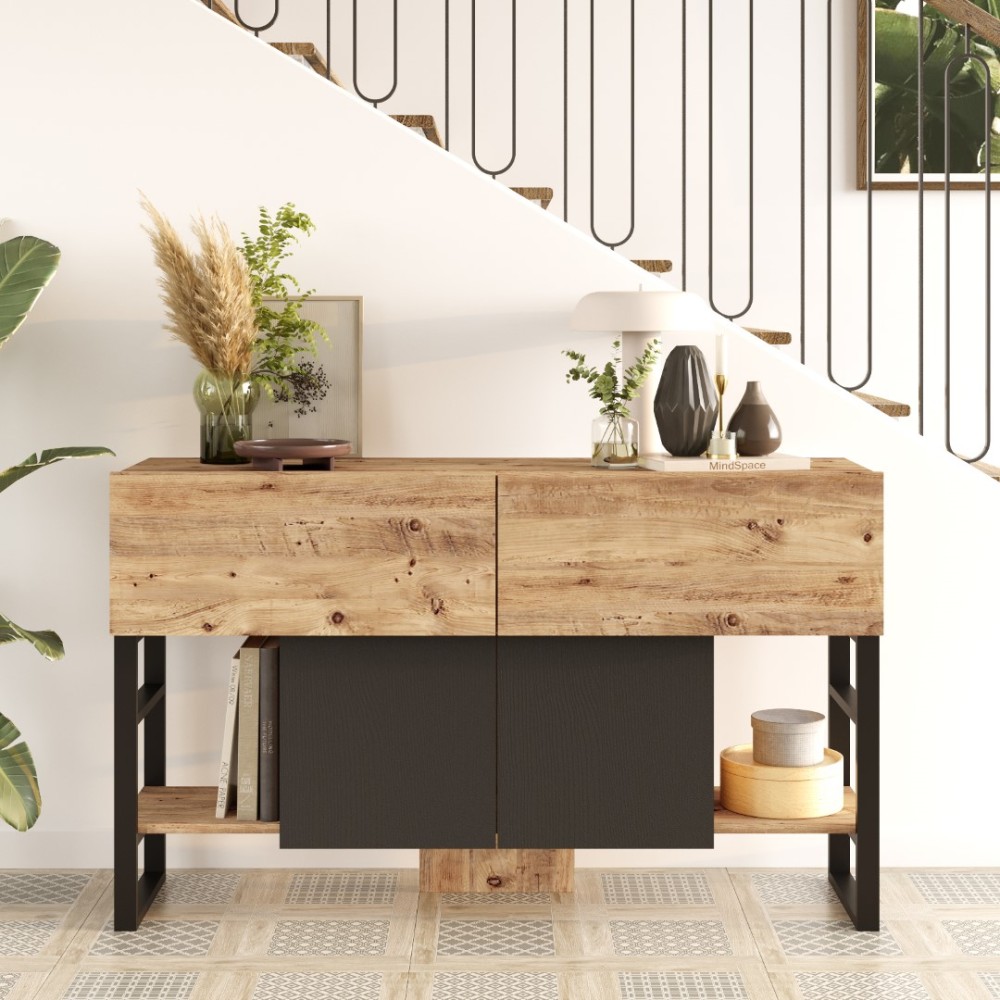 Stewehome Μεταλλική Κονσόλα Δρυς &amp; Ανθρακί με 4 Καλύμματα 139x83x43cm